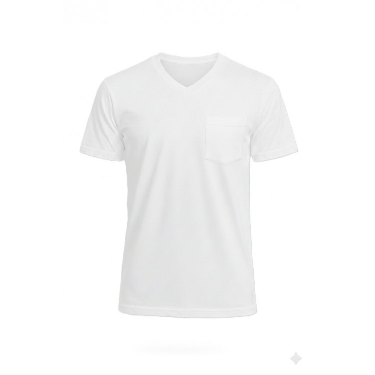 V YAKA CEPLİ TİŞÖRT BEYAZ