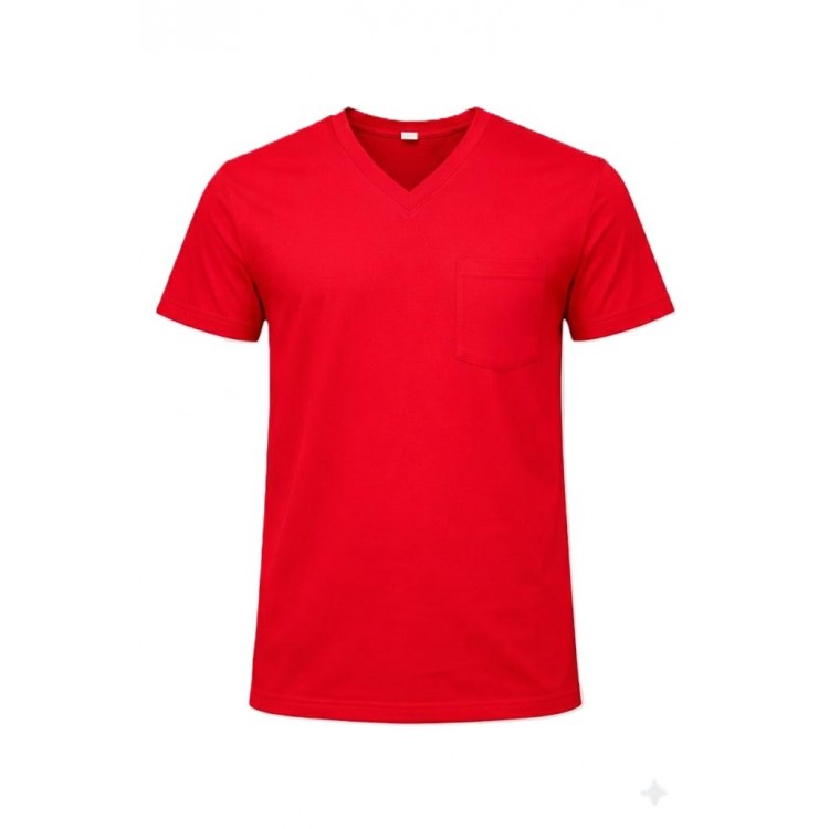 V YAKA  CEPLİ TİŞÖRT KIRMIZI