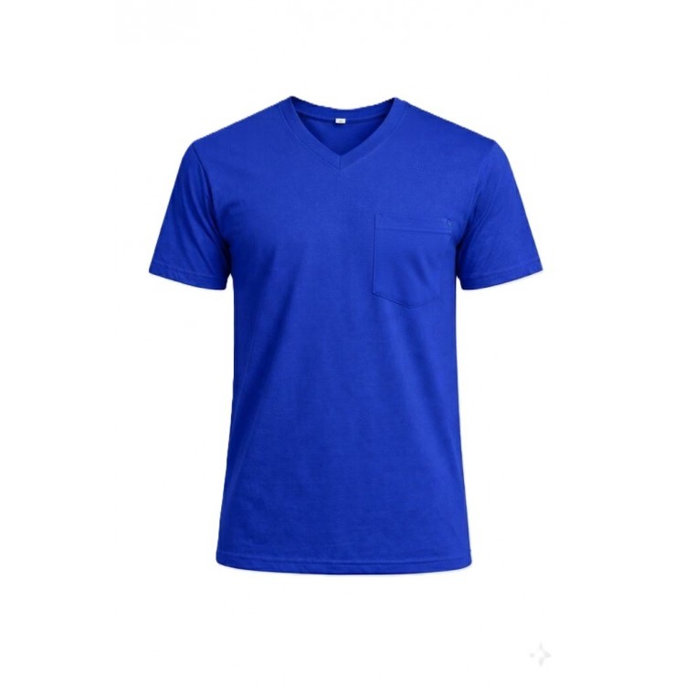 V YAKA CEPLİ TİŞÖRT SAKS MAVİ